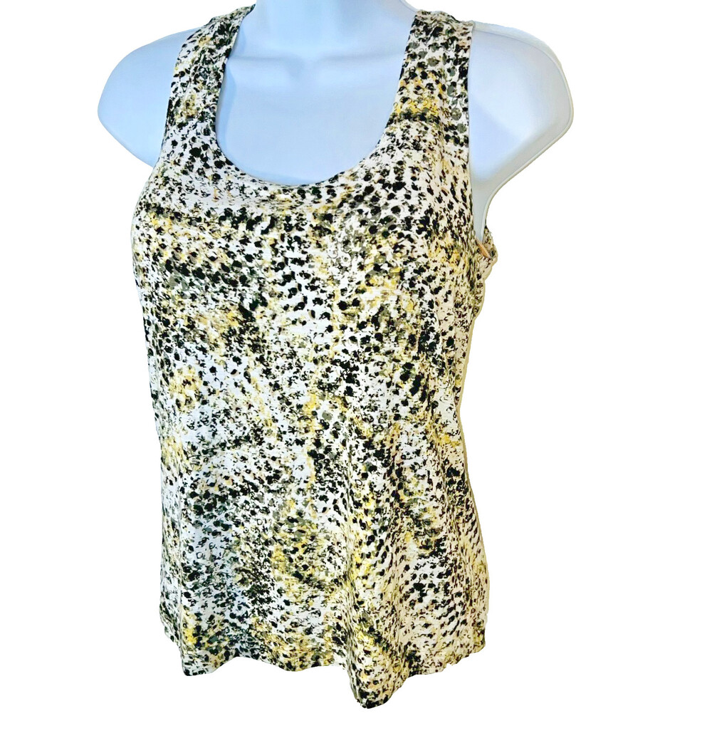 Chico's - Women's Size S Tank Top Scoop Neck Green Cream Yellow Abstract Print